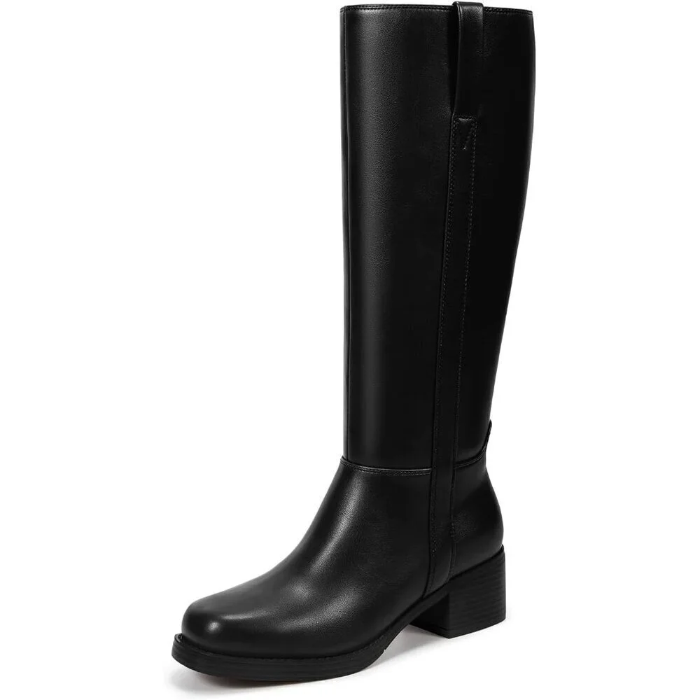 Women’s Black Knee High Chunky Block Heel Square Toe Side Zipper Tall Boots - Picture 5 of 6